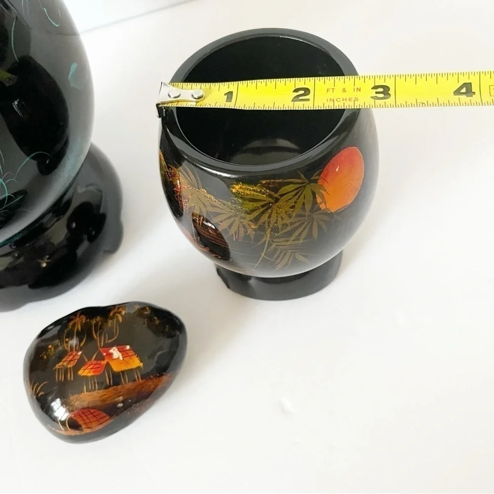 Black Lacquer Footed Wooden Bowl Boat Koi Iridescent Blue Paperweight Vietnam 3x